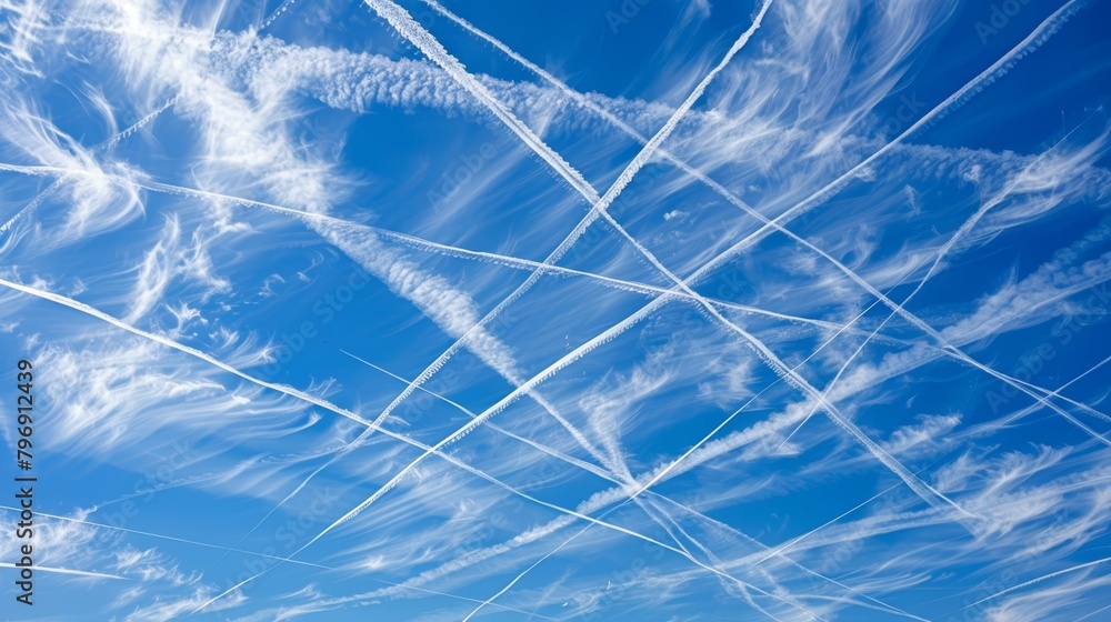 Sticker   A collection of airplanes trail contrails against a backdrop of azure sky, above a beach and water body