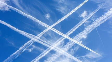   A group of contrails forming a cross in the blue sky as they fly