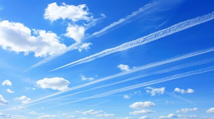   A blue sky dotted with white clouds is backdropped by a group of contrails, hovering above a field of grass - obrazy, fototapety, plakaty