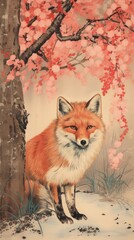 Naklejka premium Red fox painting animal mammal.