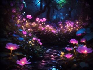 "Midnight Garden Glow: Surreal Neon Wilderness Wonderland"