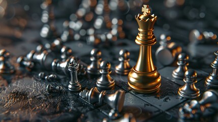 A gold queen chess piece surrounded by several fallen silver chess pieces, representing a business strategy concept.