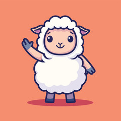 Fototapeta premium Cute cartoon sheep waving with a happy expression on an orange background.