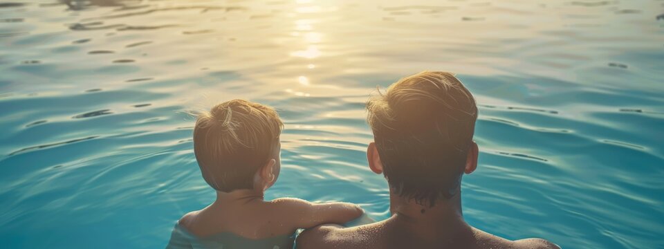 Father and son in swimming pool, banner with copy space. take five. daddy with kid boy on spa resort.