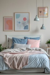 A pastel colored bedroom with grey, blue and pink bed linen on the king size white wooden bed frame of an empty room decorated with soft pillows