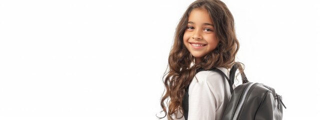 happy face of teen girl with long curly hair hold school bag isolated on white. Portrait of school girl student, studio banner header. School child pupil face, copy space.