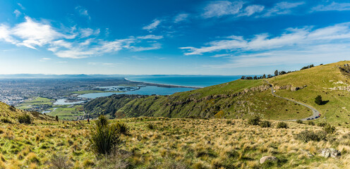 Christchurch Gondola and the Lyttelton port from Port Hills in New Zealand