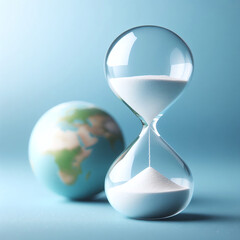 Hourglass with sand running and a small globe in the background on a blue surface, symbolizing time and global concepts.