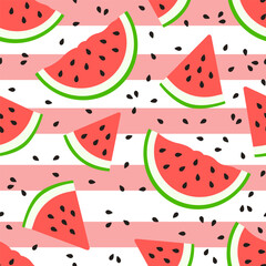Vector seamless pattern with the image of a watermelon on a background of pink and white stripes