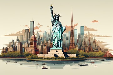 A detailed painting of the iconic Statue of Liberty in New York City, showcasing its green copper structure and torch held high over the harbor. Generative AI.