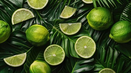 Close-up of fresh limes with free place for text. Top view of healthy vegetables, food background - obrazy, fototapety, plakaty