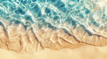 Fototapeta na wymiar Abstract sand beach from above with light blue water wave and sun lights, summer vacation background concept. Generative AI