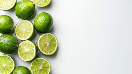 Close-up of fresh limes with free place for text. Top view of healthy vegetables, food background - obrazy, fototapety, plakaty