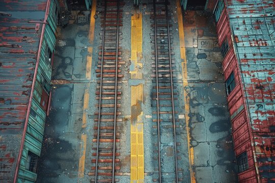 An overhead perspective of vibrant container train cars showing the detailed textures and patterns on rails
