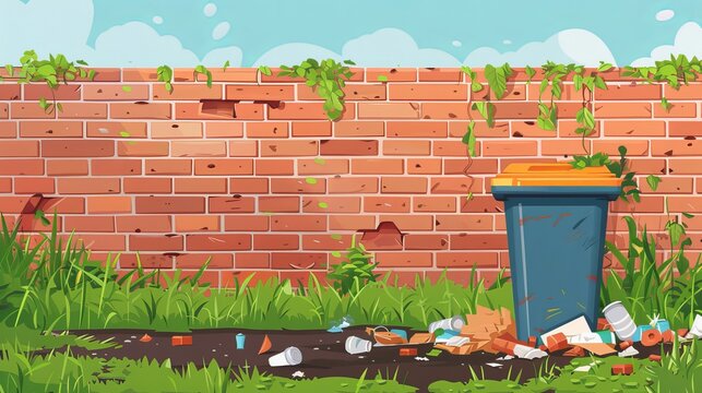 Garbage bin with unsorted waste next to a brick wall. Dirty puddle on the grass with organic and industrial waste. Vector illustration