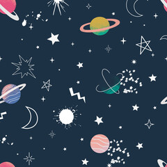 Cute Seamless pattern with space elements. Cartoon style wallpaper with colorful cosmic stars. Children's background with hand-drawn constellation.