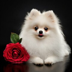 white Pomeranian, 6 months old, lying in front of black background and with a rose