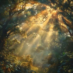 Wander through a sun-dappled forest, where ancient trees reach towards the heavens. Shafts of golden light filter through the canopy above, casting a warm glow upon the forest floor below. 