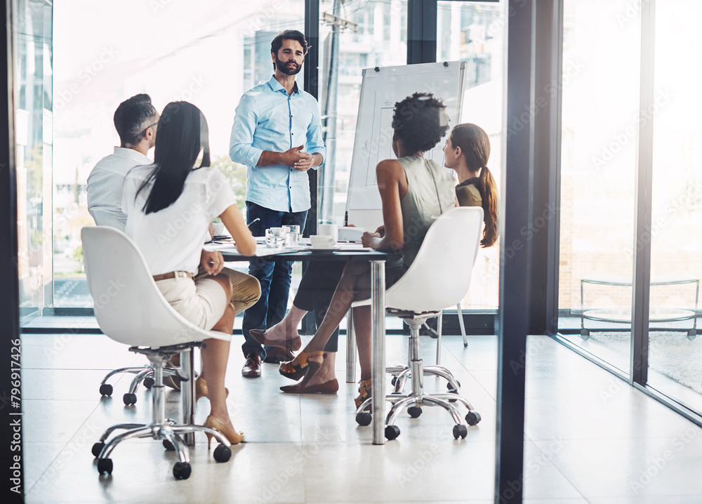 Poster Businessman, speaker and presentation with team in office from flip chart for feedback or review of company growth. Male presenter, staff and seminar for ideas or information on results of project