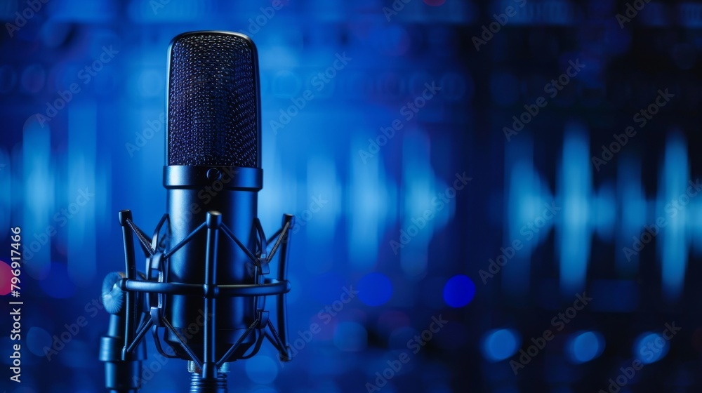Poster a professional microphone with a waveform pattern displayed on a blue background banner, suitable fo