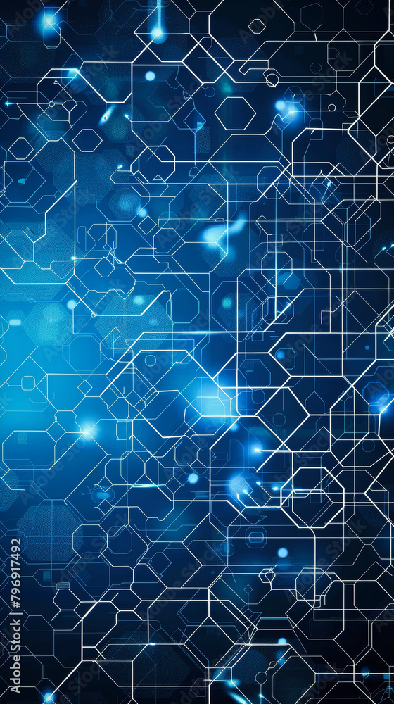 Poster a blue abstract technology background with white hexagon and circuit lines