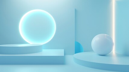 3D render of an abstract background with geometric shapes and neon lights. White sphere in the foreground