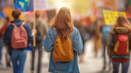 Back view of individuals holding signs and banners during worldwide protest for environmental crisis.