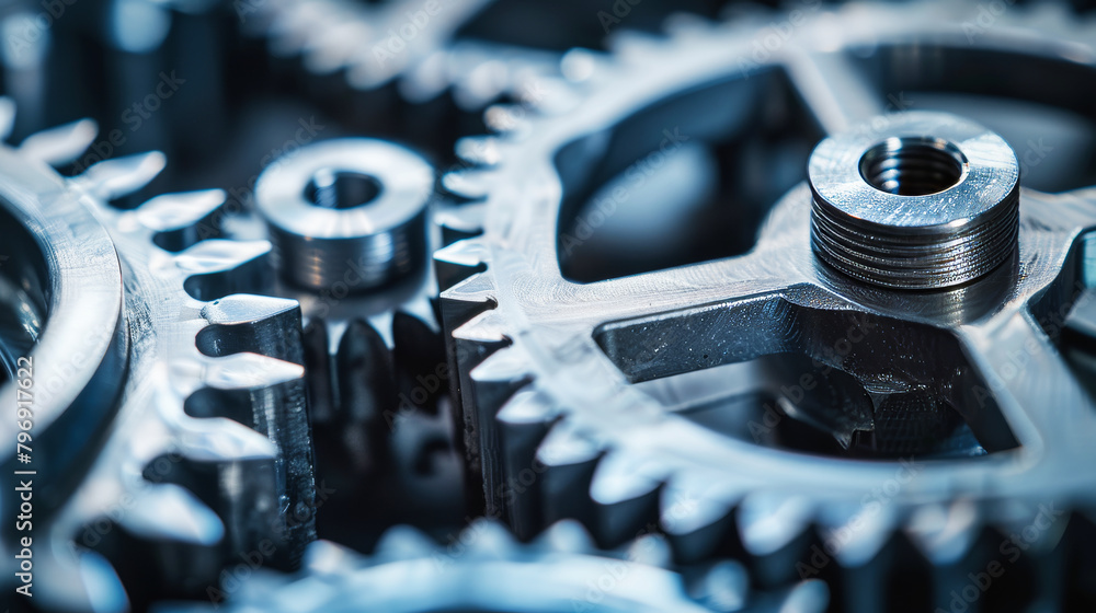 Poster closeup of gears and cogs of machines in motion, engineering concept