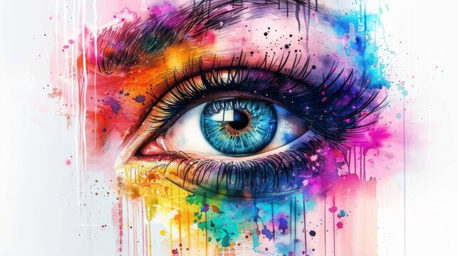 Beautiful illustration of eye makeup. Stunning eye with thick lashes. watercolor hand drawing of a vibrant woman's eye. Concept for a cosmetics line, makeup, and a beauty parlor. Generative AI