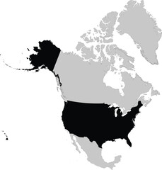 Black Map of USA with Hawaii and Alaska inside gray map of North America
