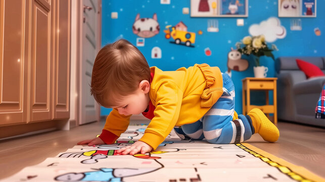 Cute little boy playing with colorful wooden blocks in the childrens room - Powered by Adobe
