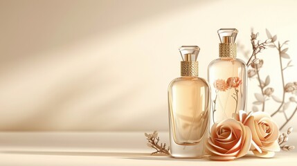 Obraz na płótnie Canvas Fresh spring romantic image, stylish transparent glass perfume bottles. Stylish parfumerie banner. Generative AI.