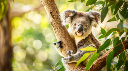 A koala bear sitting on a eucalyptus tree branch - obrazy, fototapety, plakaty