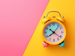Old alarm clock on yellow pink background copy space for text