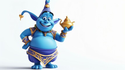 3D rendering of a blue cartoon genie smiling and holding a golden magic lamp. Isolated on white background.