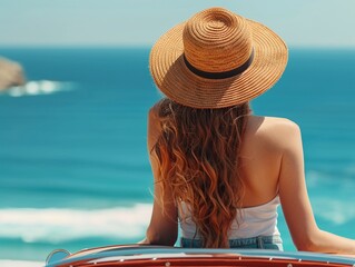 Rear view of a young woman in a hat, leaning on a vintage car looking out to the blue ocean copy space for text