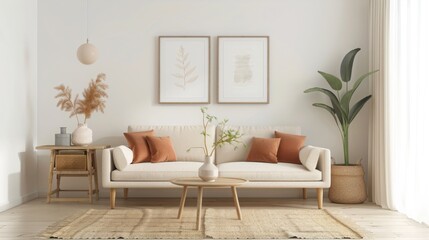 Fototapeta premium Minimal living room interior featuring a wooden table grey sofa carpet and a plant in front With copyspace for text