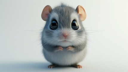A cute and adorable baby mouse with big eyes and fluffy fur is sitting on a white background.