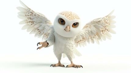 A cute and cuddly owl with big eyes and a fluffy white body. It has its wings spread out and is looking at the camera with a curious expression.