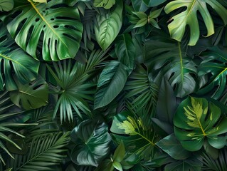 wallpaper with dense green tropical jungle foliage presenting various shades and leaf types copy space for text