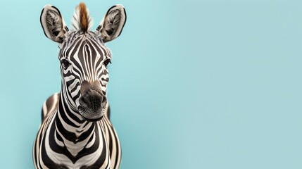 Fototapeta na wymiar A beautiful close-up of a zebra's face against a pale blue background. The zebra is looking at the camera with its ears perked up.