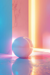 3D render of an abstract background with geometric shapes and neon lights. White sphere in the foreground