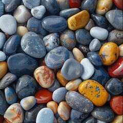 A vivid array of smoothly polished beach pebbles in various colors creates a harmonious texture perfect for backgrounds or designs