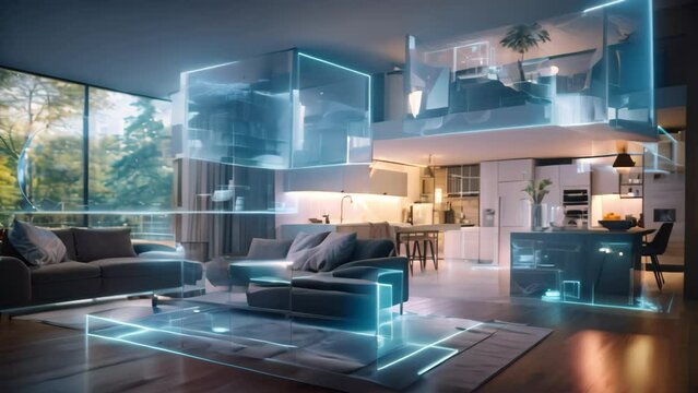3d render of a modern living room with a white sofa, a coffee table, a coffee table and a computer on the wall, Beautiful modern home interior with a digital instruction hologram