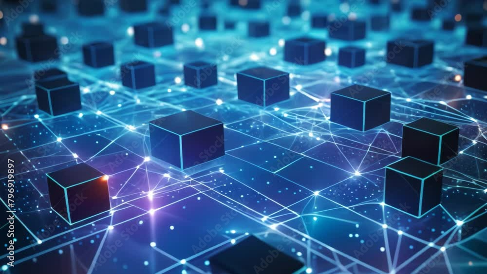 Fototapete abstract technology background with glowing lines and cubes. 3d rendering, big data flow in cyber bl