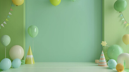 3d rendering of a minimalistic green background wall with birthday party decoration, green colors, empty wall mock up, birthday invitation, greeting card