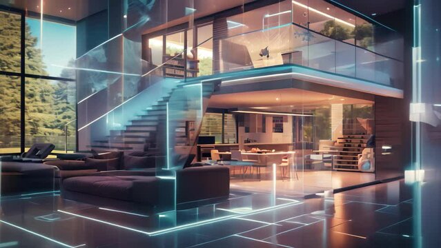 Interior of modern living room with white walls, concrete floor, gray sofa standing near coffee table and glass wall. 3d rendering toned Video double exposure, Beautiful