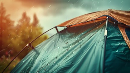 Raindrops patter gently on the roof of a tent pitched in a serene natural setting, enhancing the experience of outdoor adventure and camping amidst nature's beauty - obrazy, fototapety, plakaty
