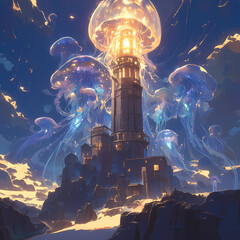 Mystical Undersea Lighthouse Illustration with Whimsical Jellyfish