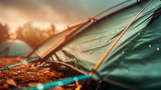 Raindrops patter gently on the roof of a tent pitched in a serene natural setting, enhancing the experience of outdoor adventure and camping amidst nature's beauty